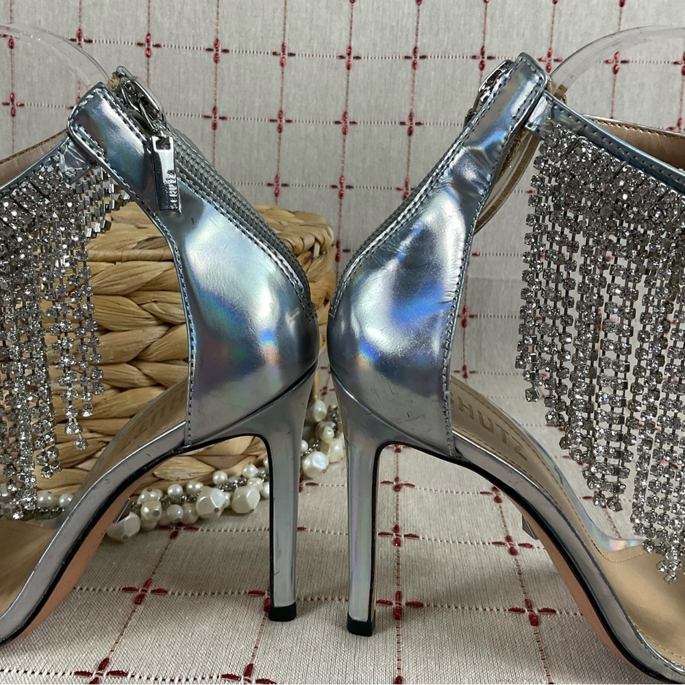 SCHUTZ “Lory” Iridescent Silver Leather Crystal Fringe Ankle Strappy Heels 6.5 - Picture 6 of 12